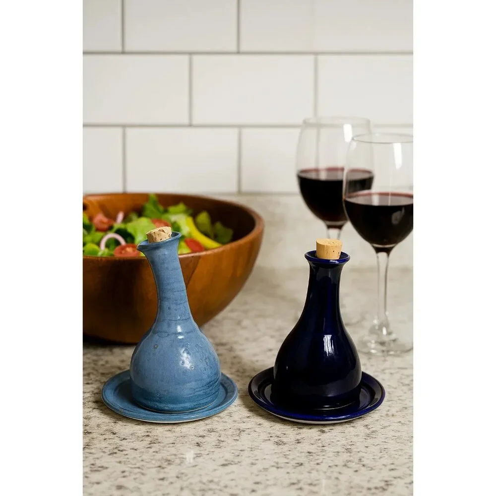 Kazooti Clay Studios Oil Vinegar Cruet Bottle Set With Corks & Matching Plates